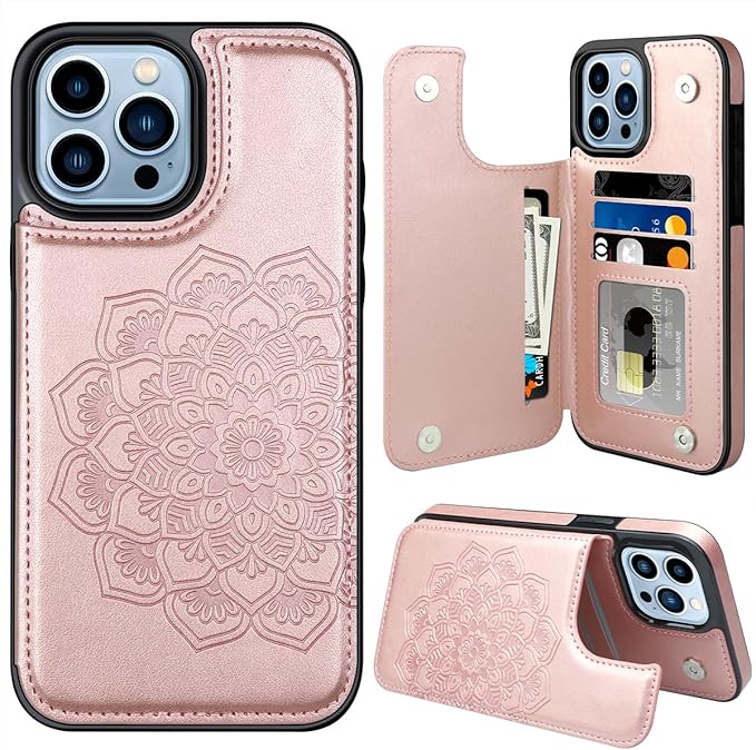 MMHUO for iPhone 15 Pro Max Case with Card Holder,Flower Magnetic Buttons Protective Wallet Case for Women for iPhone 15 Pro Max,Rose Gold