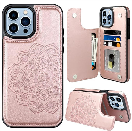 MMHUO for iPhone 15 Pro Max Case with Card Holder,Flower Magnetic Buttons Protective Wallet Case for Women for iPhone 15 Pro Max,Rose Gold