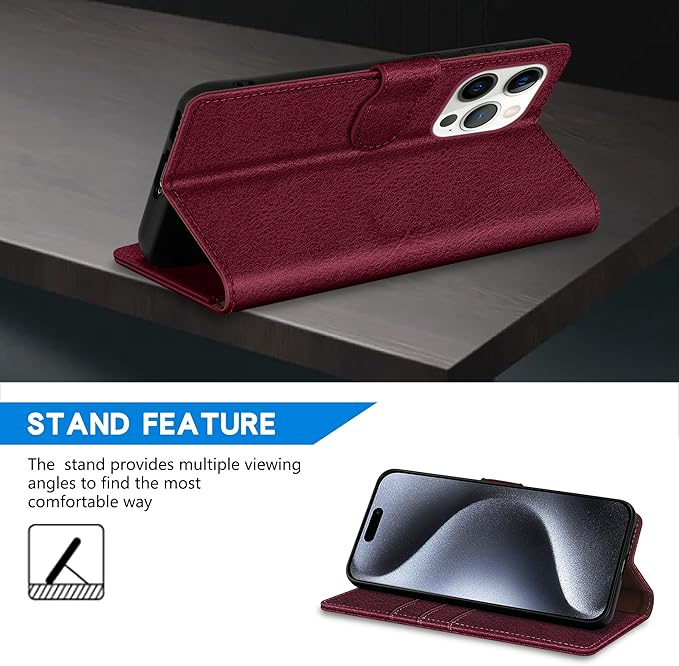 ZZXX for iPhone 15 Pro Wallet Case with [RFID Blocking] Card Slot Kickstand Magnetic Closure Leather Flip Fold Protective Phone Case for iPhone 15 Pro Case Wallet(Wine Red-6.1 inch)