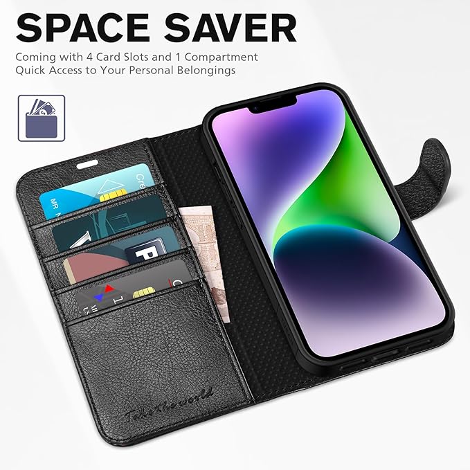 TUCCH Wallet Case for iPhone 14, [RFID Blocking] [4 Card Slots] TPU Interior Protective Case, Magnetic Folio Shockproof PU Leather Stand Flip Cover Compatible with iPhone 14 6.1 5G, Textured Black