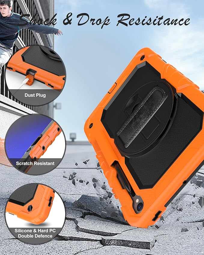 Case for Samsung Galaxy Tab S10 Lite/ S10 FE / S9 FE 10.9 Inch / S9 11'' 5G Protective with Screen Protector/Pen Holder/Hand Strap, Heavy Duty Shockproof Tablet Cover for S10 Lite, Orange