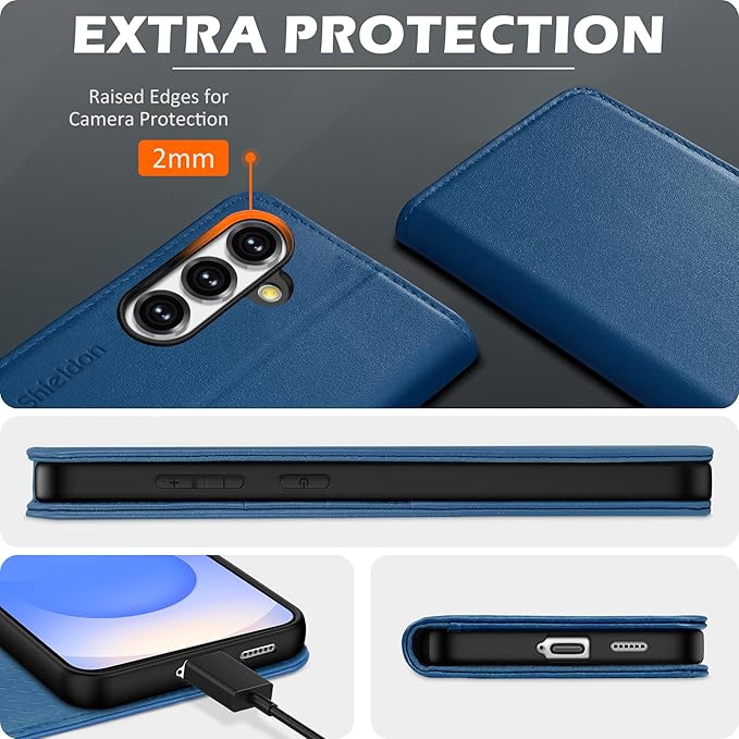 SHIELDON Case for Galaxy S25 FE 6.7", Genuine Leather Wallet Magnetic Case with RFID Blocking Card Holder Kickstand Shock Absorbing Cover Compatible with Galaxy S25 FE 5G 2025 - Nappa Royal Blue