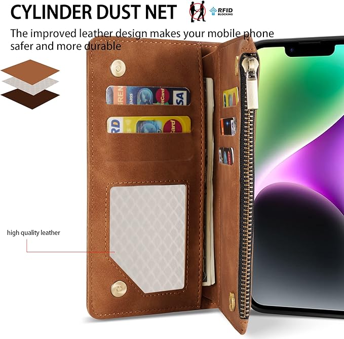 ZZXX for iPhone 14 Case Wallet with [RFID Blocking] Card Slot Premium Soft PU Leather Zipper Flip Folio with Wrist Strap Kickstand Protective Phone Cover for iPhone 14 Wallet Case(Brown-6.1 inch)