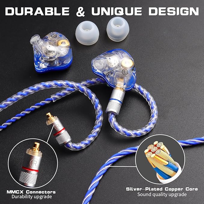 in Ear Monitor Headphones Dual Driver IEMs for Gaming, HiFi Wired Earbuds with 9.2mm+6mm Drivers, Detachable MMCX 4N Silver Cable, Noise-Isolating Ear Tips (Blue)
