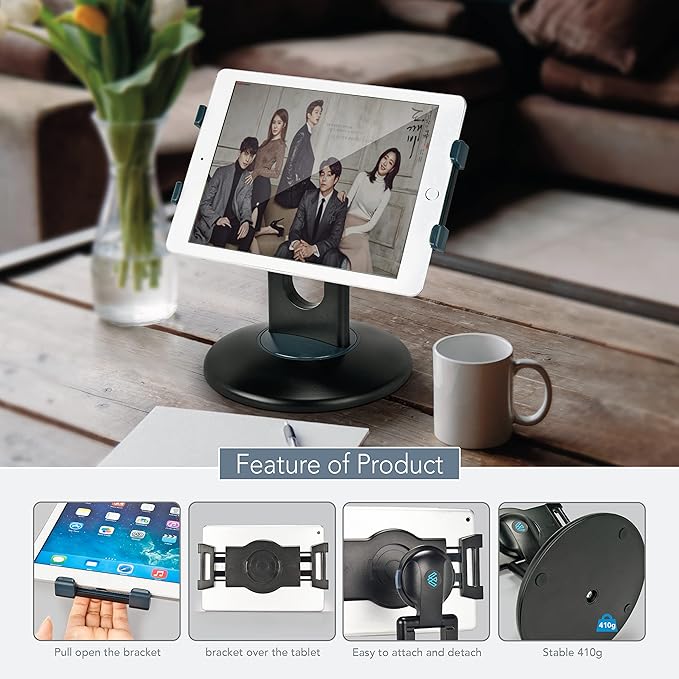 EHO iPad Stand, 360° Rotating Commercial Tablet Stand, Retail Kiosk, 6"-13"(Screen) Adapter Universal Tablet Clamp Holder for iPad, iPadAir, iPadMini, Microsoft Surface, Most Tablets - White