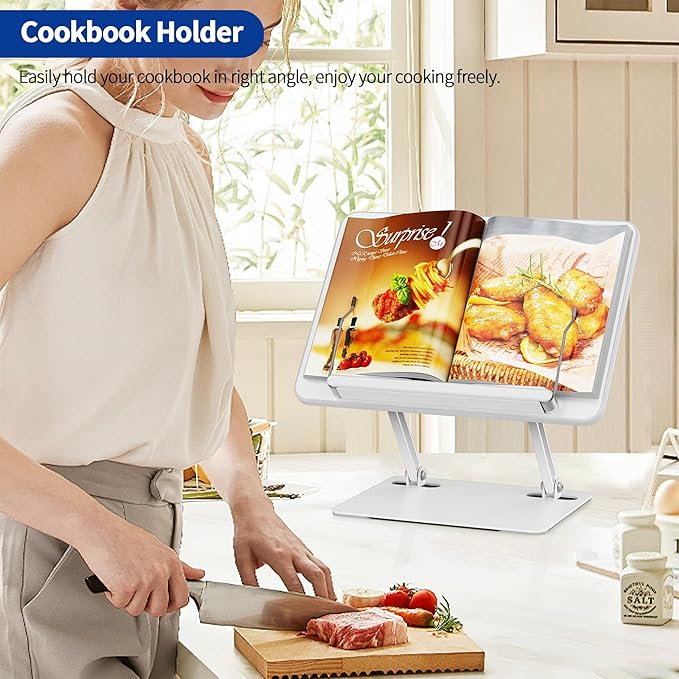 BESIGN BS01 Book Stand for Reading, Adjustable Book Holder, Ergonomic Laptop Stand with Elastic Page Clips for Music Scores, Recipe, Tablet, Laptop (White)