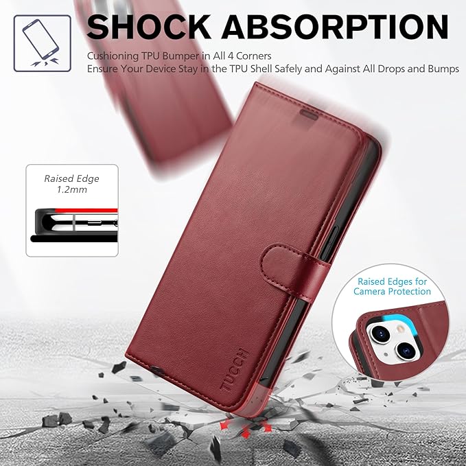 TUCCH Case Wallet for iPhone 14, [RFID Blocking] PU Leather Stand Folio Cover with 4 Card Slots [TPU Protective Interior Shell], Magnetic Flip Case Compatible with iPhone 14 5G 6.1-inch, Dark Red