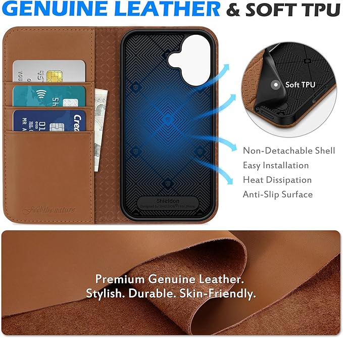 SHIELDON Wallet Case for iPhone 16 6.1" 2024, Genuine Leather Folio Magnetic Closure Kickstand RFID Blocking Card Slots Full Protection Cover Compatible with iPhone 16 5G - Nappa Saddle Brown