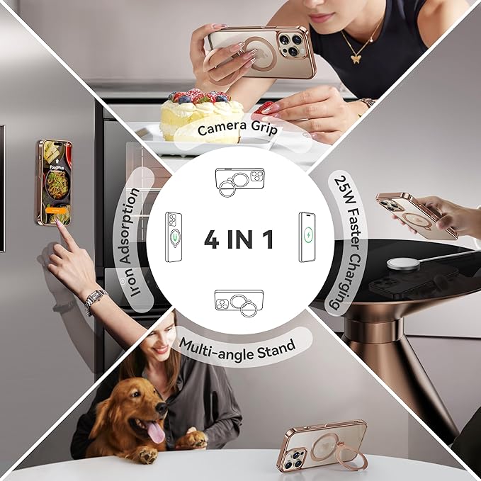 CASEKOO Desert Titanium for iPhone 14 Pro Max Case with 360° Spin Magnetic Stand [Compatible with Magsafe][16FT Military Protection] Polished Clear for iPhone 14 ProMax Case Ring 6.7'', Rose Gold