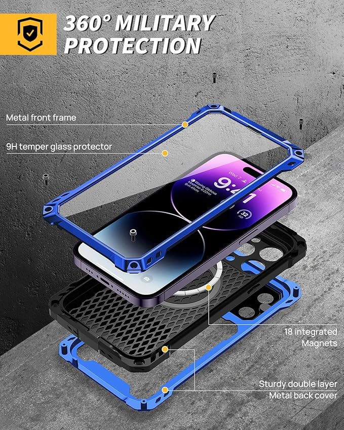 Lanhiem for iPhone 14 Pro Max Metal Case, [Built-in Camera Kickstand & Tempered Glass Screen Protector] Protective Rugged Heavy Duty Full Body Magsafe Military Cover for iPhone 14 Pro Max 6.7"(Blue)