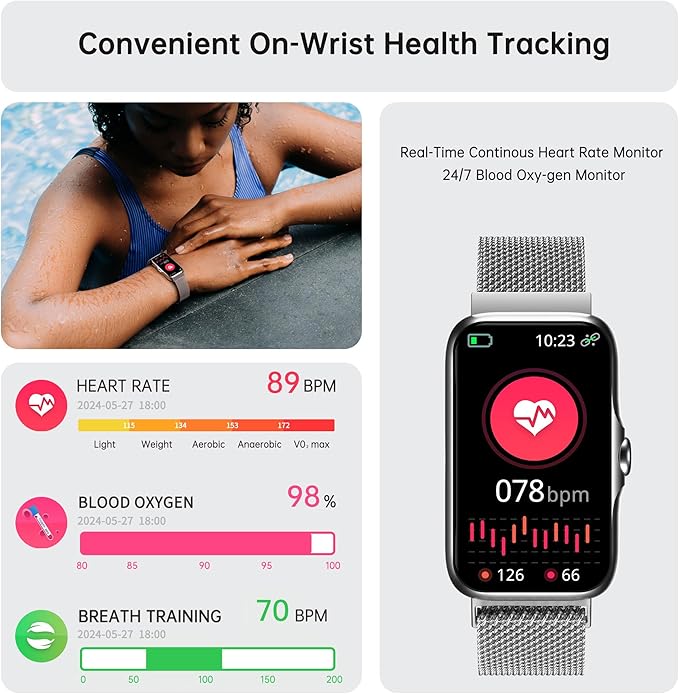 Health Fitness Tracker, Smart Watch with 24/7 Heart Rate and Blood Oxygen Monitor, Sleep Tracker with IP68 Waterproof, Activity Tracker Pedometer Step Counter for Women Men