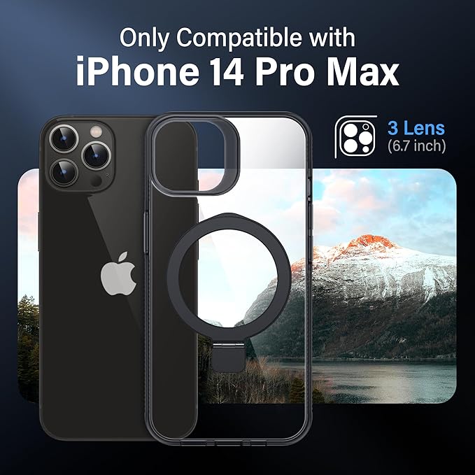 Magnetic Case for iPhone 14 Pro Max - [Built-in Invisible Stand] [Compatible with MagSafe] [Military Grade Drop Protection] Anti-Yellowing Hard Back Silicone Edge Cover, 6.7", Clear Black