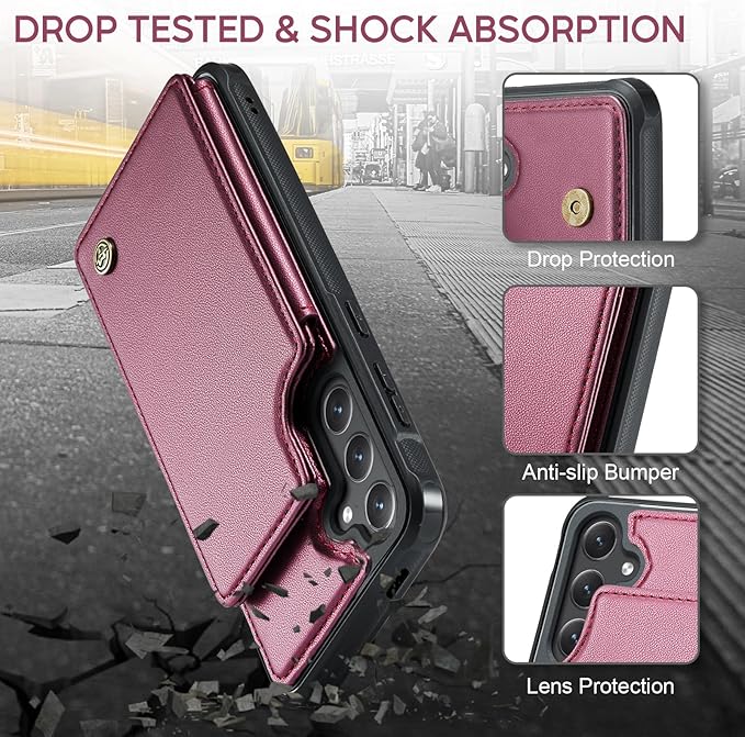 Vinich for Samsung Galaxy S25 Plus Wallet Case with Card Holder, RFID Blocking Credit Slots Kickstand Shockproof Phone Cover for Women Men, Wine Red