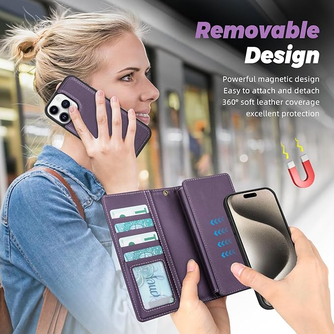 TwoHead Wallet Case Compatible with iPhone 15 Pro Max,Detachable Magnetic Phone Case,All-Round Shockproof Protective Leather Phone Case with Card Holder,6.7 in,Deep Purple