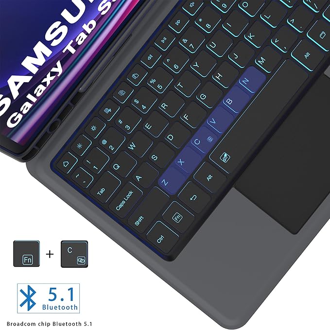 for Samsung Galaxy Tab S10 Lite/S9 FE 10.9" /S10 FE 10.9 inch/Tab S9 11 inch Case with Keyboard - 7 Color Backlit Tablet Cover with Touchpad - Magnetic Detachable Keyboard with S Pen Holder Black