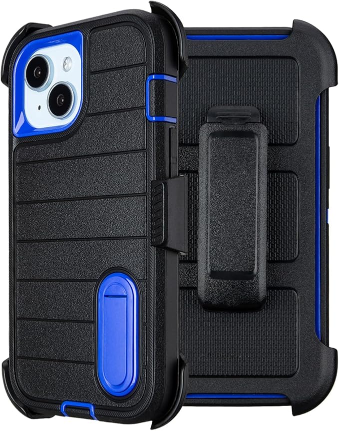 for Rugged iPhone 15 Case with Belt Clip Holster, Military Grade Heavy Duty Shockproof Cover for iPhone15 Case Protective with Stand 6.1 Inch (Black+Blue)