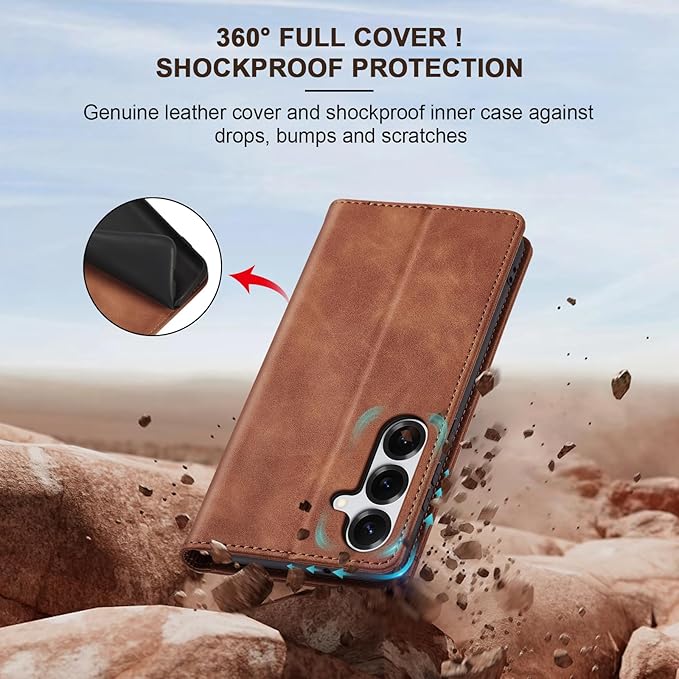 Jasonyu Flip Wallet Case for Samsung Galaxy S25 Plus/S25+,Leather Magnetic Folio Cover with Card Holder,Kickstand - TPU Shockproof Durable Protective Phone Case,Brown