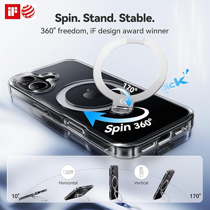 CASEKOO White Clear Designed for iPhone 17 Case with 360 Spin Magnetic Stand [Fit for MagSafe][17FT Military Protection] Slim Polished for iPhone 17 Case with Stand 6.3'', White Clear