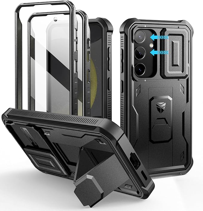 Dexnor for Samsung Galaxy S24 Case with Built-in Slide Camera Cover & Screen Protector & Kickstand, Heavy-Duty Shockproof Rugged Case Full-Body Bumper Protective Cover for Galaxy S24 (2024),Black
