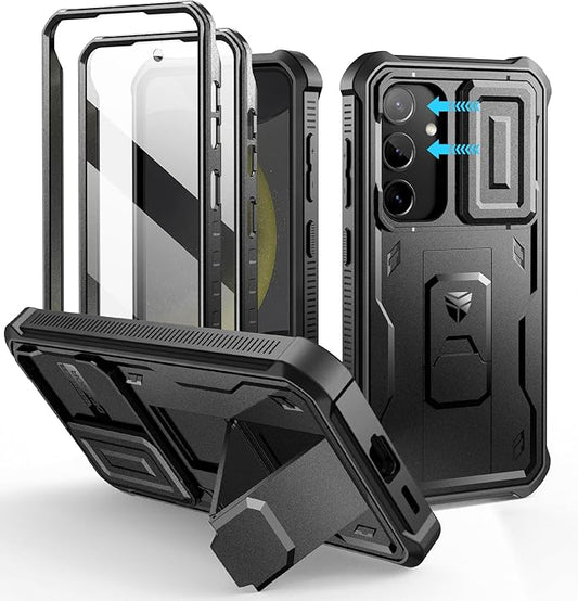 Dexnor for Samsung Galaxy S24 Case with Built-in Slide Camera Cover & Screen Protector & Kickstand, Heavy-Duty Shockproof Rugged Case Full-Body Bumper Protective Cover for Galaxy S24 (2024),Black