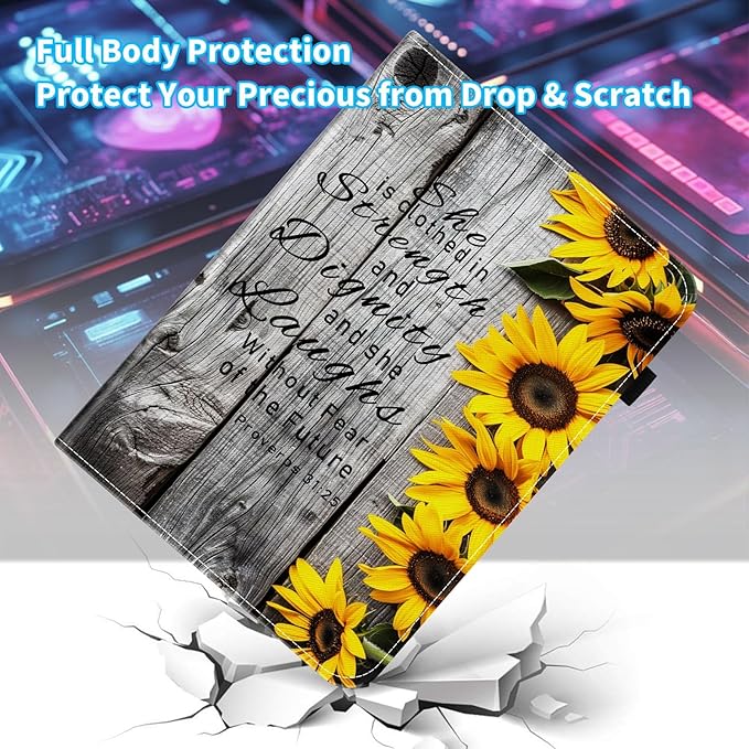 Case for Samsung Galaxy Tab A9 Plus/A9+ 5G 11 Inch 2023 Model (SM-X210/X216/X218),Card Slot PU Leather TPU Case Pen Holder Auto Wake Sleep,Sunflower Bible Verses Proverbs 31:25