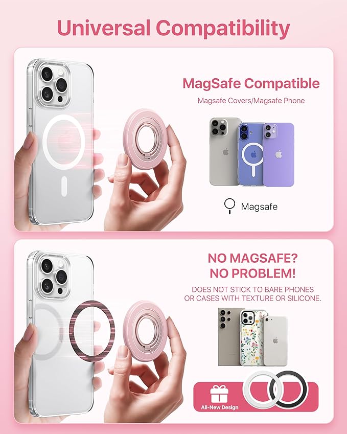 andobil [2025 3rd Gen] Magnetic Phone Grip for MagSafe [360° Rotatable & Ultra-Stable] Two-Sided Magnet Cell Phone Ring Holder Compatible with MagSafe Accessories, iPhone 17 Air 16 15 14 Pro Max, Pink