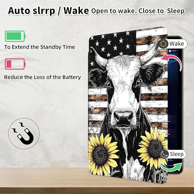 Case for Samsung Galaxy Tab A9 8.7 Inch 2023 Tablet Case, 360 Degree Rotating Folio Stand Smart Cover for Samsung Galaxy Tab A9 Tablet, Auto Sleep/Wake, Cow Sunflower