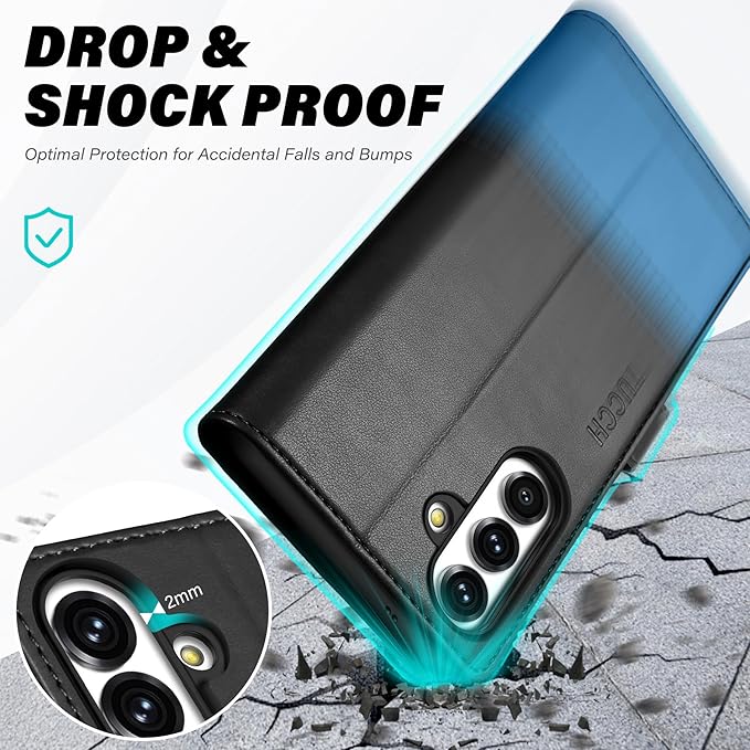 TUCCH Wallet Case for Galaxy S25 FE, Magnetic PU Leather Stand [RFID Blocking] 4 Credit Card Holder Flip Cover with [TPU Shockproof Interior Shell] (6.7") 2025, Black & Light Blue