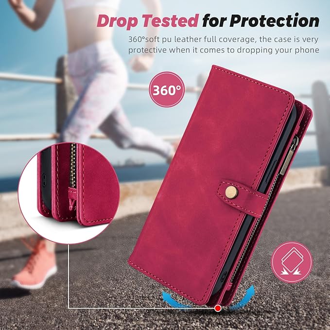 TwoHead for Samsung Galaxy S23 Plus Wallet Case with Card Holder,Detachable Magnetic Phone Case for Galaxy S23 Plus,PU Leather All-Round Protective Phone Cover Wallet with Strap(6.6 in,Wine Red)