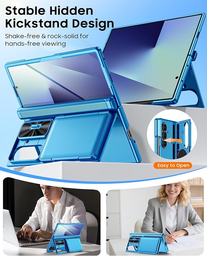CENMASO for Samsung Galaxy Z Fold 7 Case with Card Holder [RFID Blocking] Camera Cover, Hinge Protection, Hidden Kickstand, Screen Protector, Slim Shockproof Phone Case for Galaxy Z Fold 7-Lake Blue