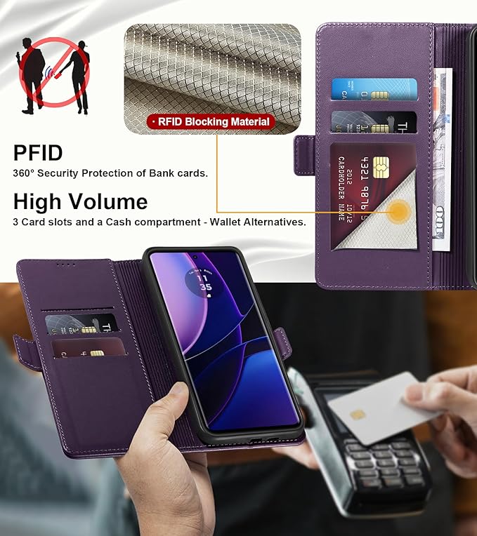 Wallet Flip Case for Motorola Edge (2023) - [RFID Blocking] Luxury PU Leather Card Holder Magnetic Phone Cover with Kickstand,Shockproof Protective Case,Purple