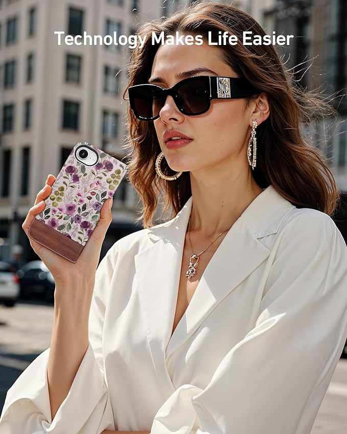 DEENAKIN for iPhone 16e Wallet Case with Card Holder + Cash Clip, RFID-Blocking, Military-Grade Drop Protection, Magnetic Closure with Leather Kickstand - Floral Wallpaper