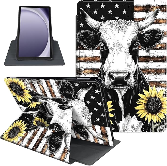 Case for Samsung Galaxy Tab A9 8.7 Inch 2023 Tablet Case, 360 Degree Rotating Folio Stand Smart Cover for Samsung Galaxy Tab A9 Tablet, Auto Sleep/Wake, Cow Sunflower
