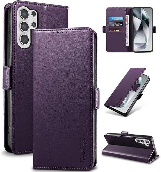 Wallet Flip Case for Samsung Galaxy S25 Ultra 5G - [RFID Blocking] Luxury PU Leather Card Holder Magnetic Phone Cover with Kickstand,Shockproof Protective Case,Purple