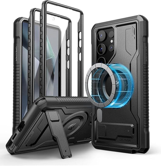 Dexnor Magnetic Case for Samsung Galaxy S24 Ultra Case, Compatible with Magsafe, 2 Front Frames & Built-in Screen Protector, Bumper Rugged Shockproof Full-Body Protective Cover with Kickstand,Black