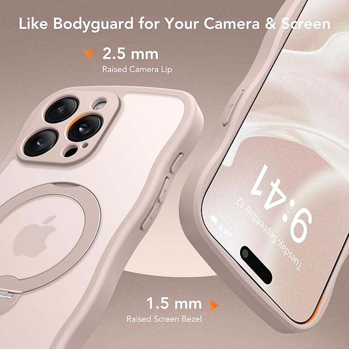 for iPhone 15 Pro Max Case,[Compatible with Magsafe][360°Magnetic Stand][Cute Wave Edge][18ft Military-Grade Protection] Translucent Matte Women Phone Cover for iPhone 15 Promax, Rose Gold