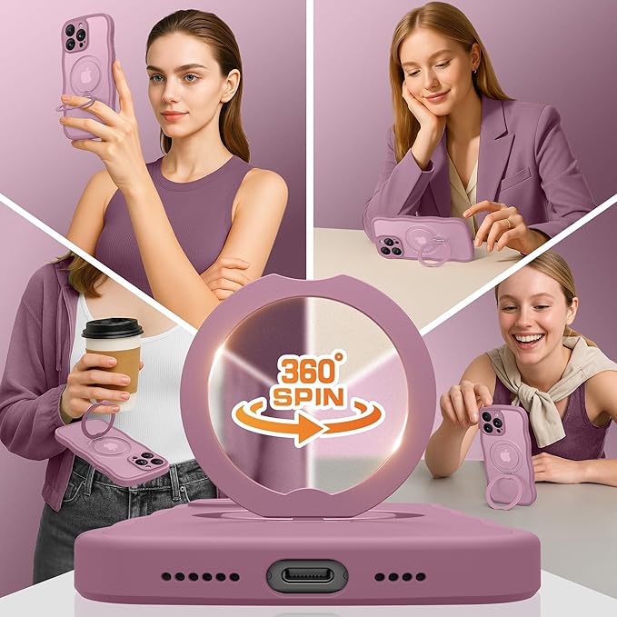 for iPhone 15 Pro Max Case,[Compatible with Magsafe][360°Magnetic Stand][Cute Wave Edge][18ft Military-Grade Protection]Translucent Matte Women Phone Cover for iPhone 15 Promax, Blackcurrant