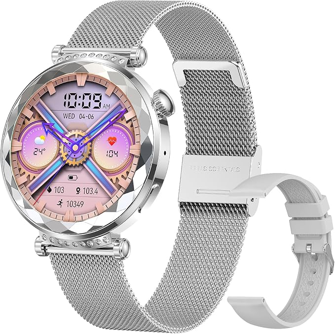 Smart Watch for Women, Fitness Tracker for Android/iOS, 1.19" AMOLED Screen Smartwatches with Female Cycle, Heart Rate, Sleep Monitor, Activity Tracking (2 Watch Bands) (Silver)