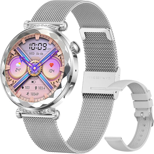 Smart Watch for Women, Fitness Tracker for Android/iOS, 1.19" AMOLED Screen Smartwatches with Female Cycle, Heart Rate, Sleep Monitor, Activity Tracking (2 Watch Bands) (Silver)