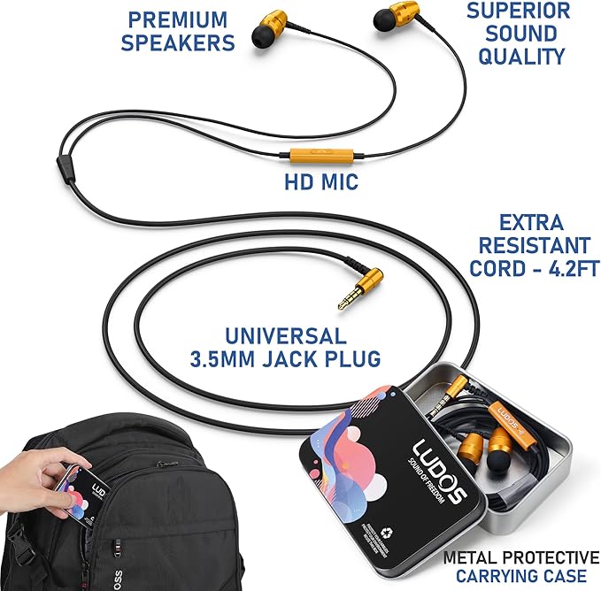 LUDOS OMNITONE Wired Earbuds in-Ear Headphones, 5 Year Warranty, Earphones with Microphone, 3.5 mm Jack Corded Ear Buds, Videoconference for iPhone, Samsung, Laptop, Kids, School Students - Gold