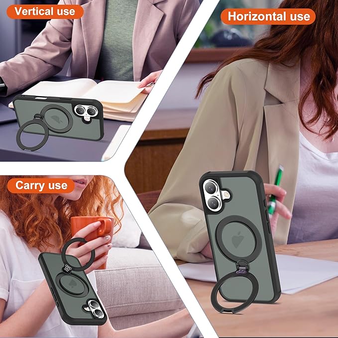 Compatible with iPhone 17 Case with Invisible Magnetic 360°Spin Stand,Military-Grade Shockproof Protection [Compatible with Mag-Safe] Non-Slip Edge Translucent Case (6.3",Black)