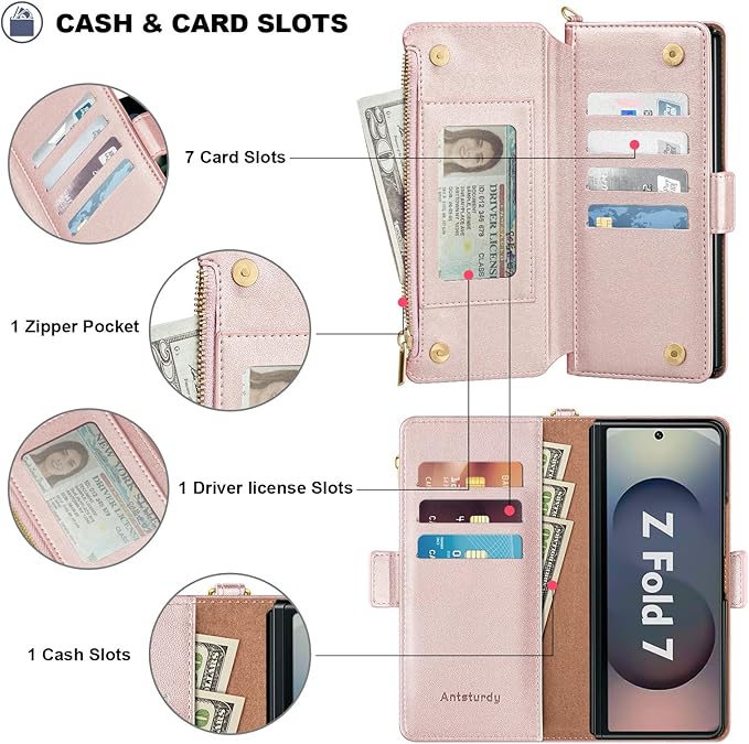 Antsturdy Compatible with Samsung Galaxy Z Fold7 Case Wallet with Card Holder,Z Fold 7 5G Phone Case with Strap Shockproof PU Leather RFID Blocking Flip Cover Credit Card Slots Women Men,Rose Gold