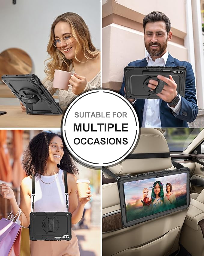 Case for Samsung Galaxy Tab S10 Plus/ S9 FE Plus/ S9 Plus 5G Tablet 12.4'', Shockproof Protective Cover with [Tempered Glass Screen Protector], Stand, Shoulder Strap & S Pen Holder (Black)