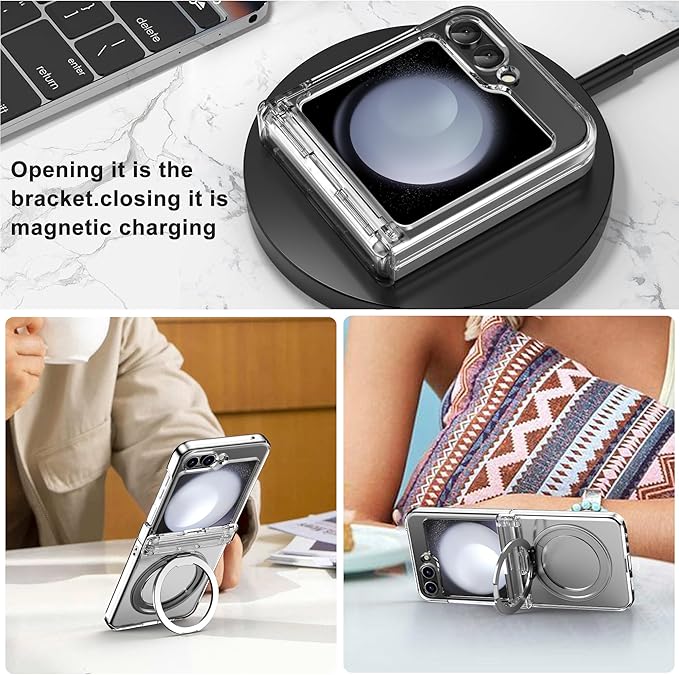 Magnetic Case for Samsung Galaxy Z Flip 5 Compatible with Magsafe, Built-in Kickstand & TPU Hinge Protection Flip 5 Case, Matte PC Cover Ultra Shockproof Phone Case for Z Flip5 (Clear)