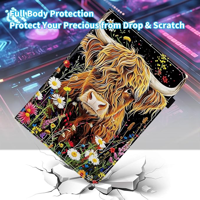 Case for Samsung Galaxy Tab A9 Plus/A9+ 5G 11 Inch 2023 Model (SM-X210/X216/X218),Card Slot PU Leather TPU Case Pen Holder Auto Wake Sleep,Highland Cow Flowers