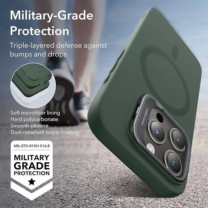 ESR for iPhone 15 Pro Max Case, MagSafe Silicone Case with Stand, Military-Grade Protection, Built-in Camera Stash Stand, Magnetic Phone Case for iPhone 15 Pro max, Cloud Series,Green