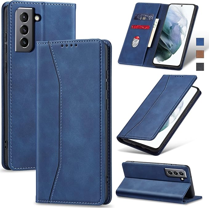 Jasonyu Flip Wallet Case for Samsung Galaxy S21 5G,Leather Magnetic Folio Cover with Card Holder,Kickstand - TPU Shockproof Durable Protective Phone Case,Blue