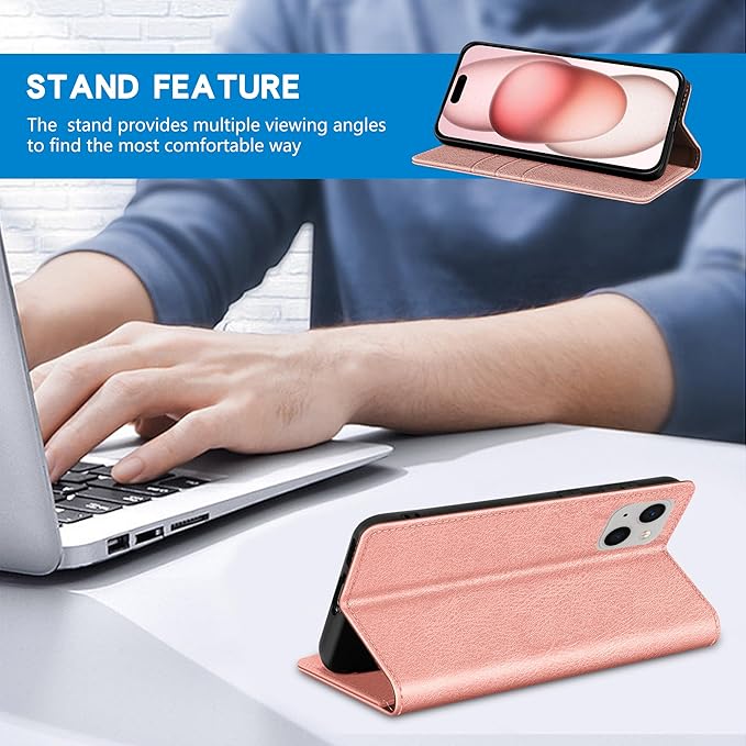 ZZXX for iPhone 15 Wallet Case with [RFID Blocking] Card Slot Stand Strong Magnetic Leather Flip Fold Protective Phone Case for iPhone 15 Case Wallet(Pink-6.1 inch)