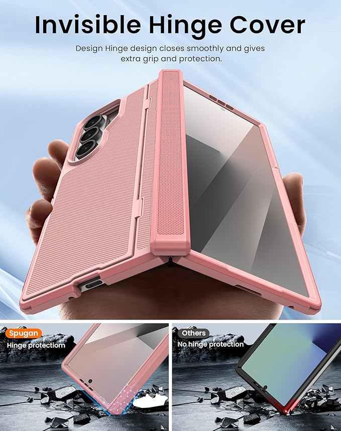 for Galaxy Z Fold 7 Case, Built-in Hidden Kickstand & HD Screen Protector & Hinge Protection, Slim Shockproof Military Grade Drop Protective Phone Case for Samsung Z Fold 7 (Pink)