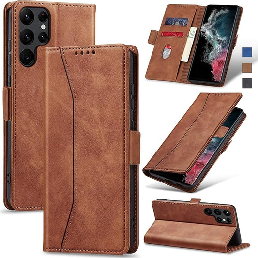 Jasonyu Flip Wallet Case for Samsung Galaxy S22 Ultra 5G,Leather Magnetic Folio Cover with Card Holder,Kickstand - TPU Shockproof Durable Protective Phone Case,Brown